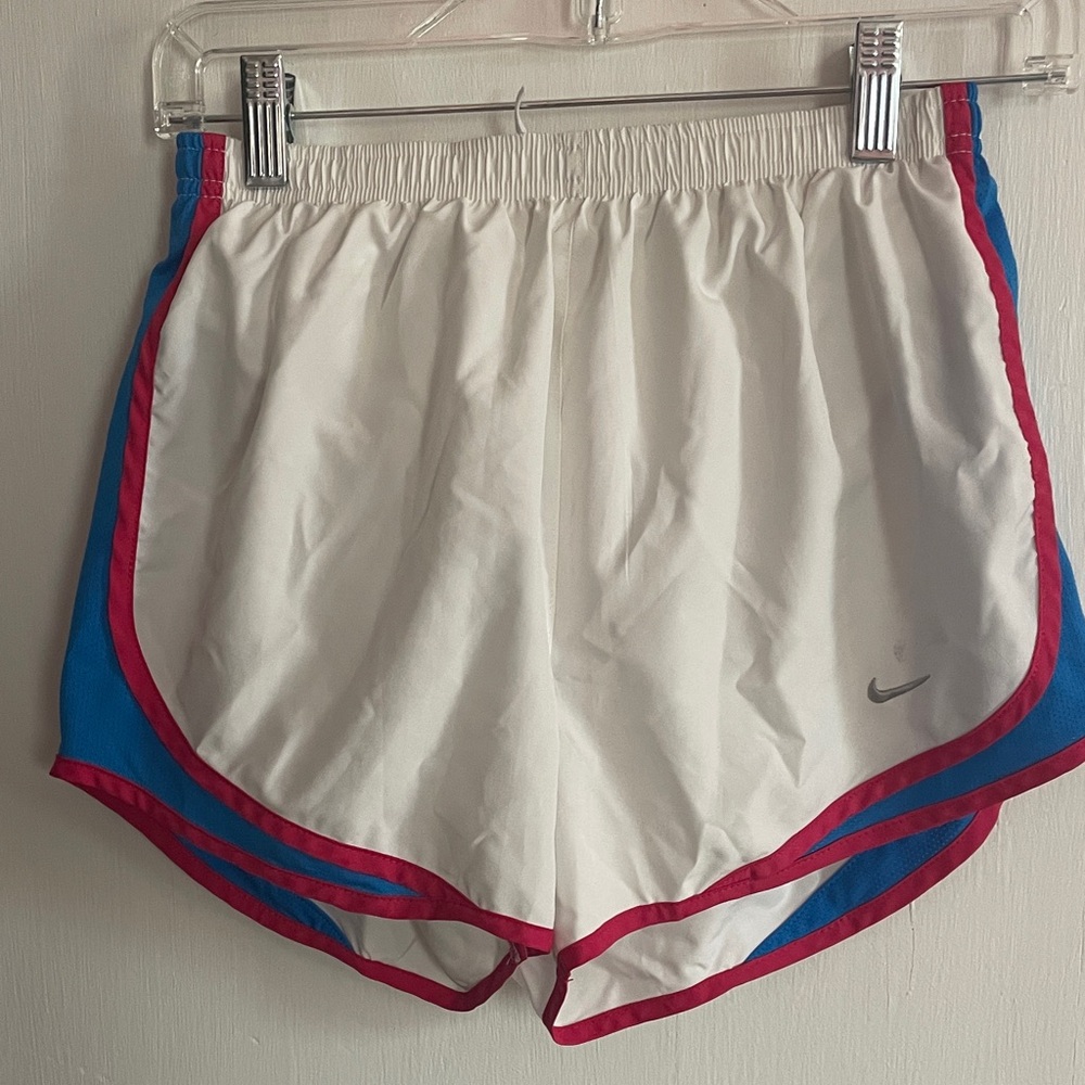 Nike Women's White and Blue Athletic Shorts with magenta trim
